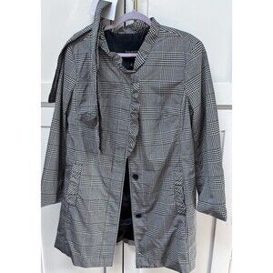Talbots Classic Mid-Length Black Houndstooth Trench Coat Rain Jacket Sz 16 P